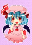  1girl artist_request bat_wings blue_hair blush bow fang hat hat_ribbon open_mouth pink_skirt polka_dot polka_dot_background red_bow red_eyes remilia_scarlet ribbon short_hair skirt solo touhou wings 