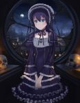  00s 1girl androgynous black_hair blue_eyes buildings dress flat_chest flower gothic gothic_lolita kino kino_no_tabi laces lolita_fashion night painted_nails ribbon rose short_hair skull sky solo table tagme window window1228 