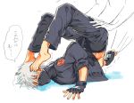  2boys barefoot blush feet gloves hatake_kakashi male_focus multiple_boys naruto scar silver_hair sweat tagme text toes wince wink 