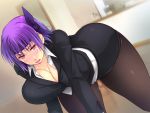  1girl all_fours ayane ayane_(doa) black_skirt blush breasts cleavage collared_shirt dead_or_alive hanging_breasts headband highres huge_breasts indoors legs long_sleeves open_mouth pantyhose pink_eyes purple_hair short_hair skirt solo suit thighs yoko_juusuke 