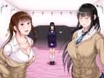  3girls bar_censor black_hair blazer blue_skirt blush breasts brown_hair camera censored cleavage collared_shirt feet hands_together highres huge_breasts indoors kurofudo large_breasts long_hair long_sleeves looking_at_viewer multiple_girls necktie original parted_lips red_eyes school_uniform serious skirt smile socks twintails upper_body yellow_eyes 