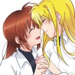  2girls blonde_hair blush brown_hair closed_eyes collared_shirt couple fate_testarossa hand_holding happy long_hair lyrical_nanoha mahou_shoujo_lyrical_nanoha mahou_shoujo_lyrical_nanoha_strikers military military_uniform multiple_girls side_ponytail smile sos77755 takamachi_nanoha uniform yuri 