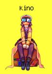  00s 1girl androgynous artist_request belts briefcase brimmed_hat goggles gun hat holster kino kino_no_tabi long_coat luggage short_hair simple_background sitting smile solo tagme weapon yellow_background 
