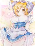  1girl alternate_costume animal_ears apron artist_name blonde_hair blush breasts brown_eyes corset dutch_angle enmaided erect_nipples fox_ears fox_tail hat heart large_breasts looking_at_viewer maid maid_apron maromaro0908 mob_cap multiple_tails puffy_sleeves see-through short_hair short_sleeves skirt skirt_lift smile solo tail touhou traditional_media waist_apron watercolor_(medium) yakumo_ran 
