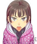  1girl brown_eyes brown_hair eyebrows_visible_through_hair female hood hoodie looking_at_viewer open_mouth satsuyo simple_background solo tongue tongue_out white_background 