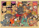  2girls 6+boys afro black_hair blonde_hair brook_(one_piece) carrot_(one_piece) cat_ears cloud_print color_spread copyright_name dog gear_fourth geta hair_ornament hair_over_one_eye hair_pin inuarashi_(one_piece) japanese_clothes kanjuro kimono kinemon lion momonosuke_(one_piece) monkey_d_luffy multiple_boys multiple_girls nami_(one_piece) nekomamushi obi oda_eiichirou official_art one_piece orange_hair orange_print pedro_(one_piece) rabbit_ears raizo red_eyeshadow sanji sash skeleton sword tony_tony_chopper 