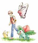  1boy 90s artist_request backpack baseball_cap black_hair butterfree hat ivysaur pikachu pokemon pokemon_(game) pokemon_rgby red_(pokemon) red_(pokemon)_(classic) 
