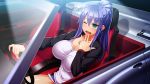  1girl blue_hair blush breasts car car_interior cleavage driving earrings eyebrows eyebrows_visible_through_hair game_cg green_eyes ground_vehicle highres huge_breasts izumi_kirika jacket kanzen_jikan_teishi legs long_hair long_sleeves looking_away motor_vehicle one_eye_closed open_mouth ponytail shadow short_shorts shorts sitting solo thighs uo_denim vehicle wheels wince 