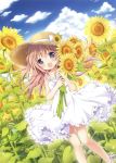  1girl :d absurdres bare_shoulders blush brown_hair clouds collarbone day dress dutch_angle eyebrows_visible_through_hair flower hair_between_eyes hat highres holding holding_flower long_hair looking_at_viewer nanase_miori open_mouth original outdoors scan sky sleeveless sleeveless_dress smile solo standing straw_hat sundress sunflower violet_eyes white_dress 