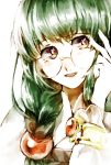  1girl braid cloak dress glasses green_hair long_hair open_mouth philia_felice tales_of_(series) tales_of_destiny violet_eyes 
