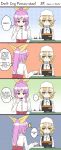  ... 2girls 4koma alternate_costume anger_vein blonde_hair bow comic commentary_request food fuente green_eyes hair_bow hard_translated hat highres mizuhashi_parsee multiple_girls name_tag pointy_ears ponytail purple_hair source_request spoken_ellipsis sweat touhou violet_eyes watatsuki_no_yorihime 
