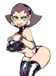  1girl breasts capcom halter_top halterneck keppok looking_at_viewer panties rockman rockman_dash solo thigh-highs tongue tongue_out tron_bonne underwear 