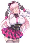  1girl ;o bow breasts double_v headphones large_breasts nitroplus one_eye_closed open_mouth pink_eyes pink_hair super_sonico thigh-highs v wink 