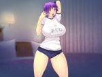  1girl adjusting_hair arms_up ayane ayane_(doa) bare_legs bed blush breasts buruma dead_or_alive gym_uniform headband highres huge_breasts legs looking_at_viewer open_mouth pink_eyes purple_hair shiny shiny_skin short_hair solo standing thighs yoko_juusuke 