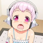  1girl baby blush food food_in_mouth food_on_face headphones looking_at_viewer navel nitroplus open_mouth pink_eyes pink_hair short_hair solo spoon super_sonico tsuji_santa younger 