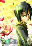  00s 1girl androgynous artist_request black_hair butterfly flower green_eyes kino kino_no_tabi petals scarf short_hair sky solo strap tagme 