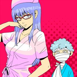  1boy 1girl 3mm bandage gintama glasses long_hair nurse purple_hair sakata_gintoki sarutobi_ayame 