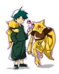  1boy 90s abra floating green_hair kadabra npc_trainer one_eye_closed poke_ball pokemon pokemon_(game) pokemon_gsc psychic_(pokemon) robe spoon torigarasi 