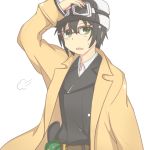  00s 1girl androgynous artist_request black_hair brimmed_hat fur glasses goggles green_eyes hat holster kino kino_no_tabi long_coat short_hair solo tagme 