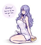  1girl blush breasts brown_eyes camilla_(fire_emblem_if) cleavage female fire_emblem fire_emblem_if hair_over_one_eye large_breasts long_hair looking_at_viewer lowres naked_towel nintendo purple_hair simple_background sitting smile solo spewing_mews towel wariza white_background 
