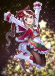  1girl absurdres animal_ears arms_up artist_name asymmetrical_gloves bangs belt bettle_(b_s_a_n) black_legwear blue_eyes blurry blurry_background blush boots brown_hair buttons christmas commentary_request diffraction_spikes double-breasted full_body glint gloves highres horse_ears horse_tail jumping long_hair long_sleeves looking_at_viewer mismatched_gloves open_mouth pantyhose petticoat pleated_skirt ponytail skirt smile solo tail teeth tokai_teio_(umamusume) umamusume upper_teeth white_footwear 