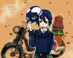  00s 1girl androgynous artist_request black_eyes black_hair brimmed_hat confetti flower fur gifts goggles ground_vehicle happy_birthday hat hermes kino kino_no_tabi motor_vehicle motorcycle short_hair solo tagme vehicle 