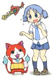  1girl 1other animal blue_hair cat crossover human jibanyan kadokawa_shoten kyoto_animation level-5 loli multiple_tails naganohara_mio nichijou nintendo olm_digital tagme tail tokyo_mx tv_tokyo twintails youkai_watch zubatto 