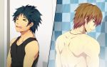  2boys bathroom blush male_focus mazjojo multiple_boys piercing shower water wet yaoi 