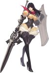  1girl black_hair black_legwear boots breasts full_body greaves high_heels highres holding_shield lance long_hair looking_at_viewer polearm puffy_pants puffy_sleeves shield simple_background solo standing thigh-highs thigh_boots violet_eyes weapon white_background 