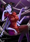  1girl black_hair breasts cleavage extra_arms extra_eyes fangs insect_girl leggings muffet multiple_arms purple_skin ribbon solo spider_girl spider_web twintails undertale 