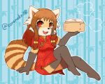  1girl brown_eyes chinese_clothes dress female full_body furry open_mouth red_eyes red_panda solo toraneko_(38) 