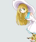  1girl blonde_hair braid closed_mouth dress gen_7_pokemon green_eyes grey_background hat highres hmiiy_000 lillie_(pokemon) long_hair mimikyu pokemon pokemon_(creature) pokemon_(game) pokemon_sm simple_background sleeveless sleeveless_dress smile sun_hat twin_braids white_dress white_hat 