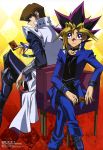  2boys absurdres belt black_hair blonde_hair blue_eyes brown_hair card chair choker highres kaiba_seto looking_at_viewer multicolored_hair multiple_boys mutou_yuugi official_art purple_hair shoes sitting trench_coat violet_eyes yu-gi-oh! yuu-gi-ou_duel_monsters 