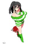  1girl adjusting_glasses arm_behind_back bangs bare_shoulders black-framed_glasses black_eyes black_hair boots breasts cleavage collarbone full_body glasses green_boots hand_up hat head_tilt high_heel_boots high_heels horns jewelry kinako_(marubotan) large_breasts long_hair long_sleeves looking_at_viewer necklace nico_robin one_piece pants ponytail red_hat red_pants revealing_clothes simple_background smile solo_focus standing striped striped_sweater sweater sweater_dress tony_tony_chopper white_background 
