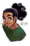  1boy black_hair character_name facial_hair goatee male_focus one_piece ponytail simple_background solo usopp 