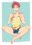  1boy barefoot blush character_name food high_speed! ice_cream indian_style looking_at_viewer male_focus muscle ookiidesunone popsicle red_eyes redhead saliva shiina_asahi shorts sitting solo sweat tank_top tongue tongue_out 