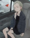  1girl black_dress blonde_hair car dress earring empty_eyes jacket season_(artist) smirk tagme 