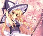  1girl black_dress black_outfit blonde_hair braids cherry_blossoms dress female gold_eyes hat kirisame_marisa long_hair solo tateha_(artist) touhou witch witch_hat 