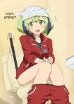  1girl android blush dimension_w green_eyes green_hair hard_translated headgear highres looking_to_the_side maimai251 multicolored_hair open_mouth pants_down short_hair solo surprised sweatdrop tail tenugui toilet toilet_use track_suit translated two-tone_hair yurizaki_mira 