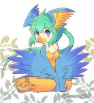  1girl aqua_hair bird blue_eyes female full_body furry plant short_hair solo toraneko_(38) white_background wings wings_ears 
