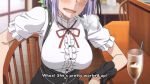  1girl animated animated_gif bangs blue_eyes blunt_bangs blush breasts cafe dagashi_kashi drink drooling hair_ornament hairband heavy_breathing indoors large_breasts looking_at_viewer open_mouth purple_hair ribbon saliva shidare_hotaru short_hair sitting solo 