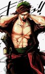  1boy earring frown green_hair head_scarf male_focus muscle one-eyed one_piece open_clothes open_shirt roronoa_zoro sash scabbard scar sheath shirt simple_background solo 