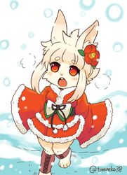  1girl female flower furry long_hair outdoors plant rabbit red_eyes skirt solo toraneko_(38) white_hair winter_clothes 