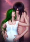  1boy 1girl abs black_hair character_request green_eyes green_hair hug hug_from_behind long_hair naruto pregnant shirtless uchiha_madara 