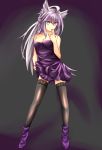  1girl alternate_costume alternate_hair_color animal_ears archer_of_red bare_shoulders black_background black_legwear breasts cat_ears cleavage dress eyebrows eyebrows_visible_through_hair fate/apocrypha fate/grand_order fate_(series) female high_heels highres legwear licking long_hair looking_at_viewer purple_dress purple_hair simple_background sleeveless small_breasts solo standing thigh-highs tongue tongue_out white_hair yellow_eyes yin_man_tong_xing 