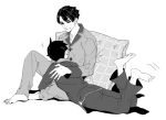  2boys barefoot black_hair blush dai_gyakuten_saiban feet garamgum gyakuten_saiban kazuma_asogi male_focus monochrome multiple_boys naruhodo_ryuunosuke pajamas pillow tagme toes yaoi 