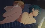  2boys abs bed blush male_focus mazjojo multiple_boys muscle piercing pillow topless yaoi 