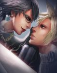  1boy 1girl amulet bayonetta bayonetta_(character) bayonetta_2 black_hair blonde_hair blue_eyes capelet cloud_strife crossover earrings final_fantasy final_fantasy_vii glasses green_eyes gun jewelry lips lipstick makeup mole nose short_hair super_smash_bros. sword upper_body weapon 