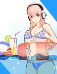  1girl absurdres ball beachball bikini blush breast_grab breasts cake cleavage cocktail cocktail_glass cup drink drinking_glass drinking_straw food fruit grabbing headphones highres huangshiyu05 innertube large_breasts long_hair looking_at_viewer navel nitroplus partially_submerged pastry pink_hair plate red_eyes smile solo strawberry super_sonico swimsuit water 