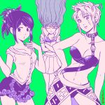  3girls 3mm breasts cleavage earrings female folded_ponytail gintama glasses hirose_yasuho_(cosplay) jewelry jojo_no_kimyou_na_bouken long_hair monochrome multiple_girls ponytail sarutobi_ayame scar shimura_tae smile trish_una_(cosplay) tsukuyo_(gintama) yamagishi_yukako_(cosplay) 